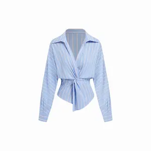 Cider 100% Cotton Striped V-Neck Twist Knotted Long Sleeve Blouse