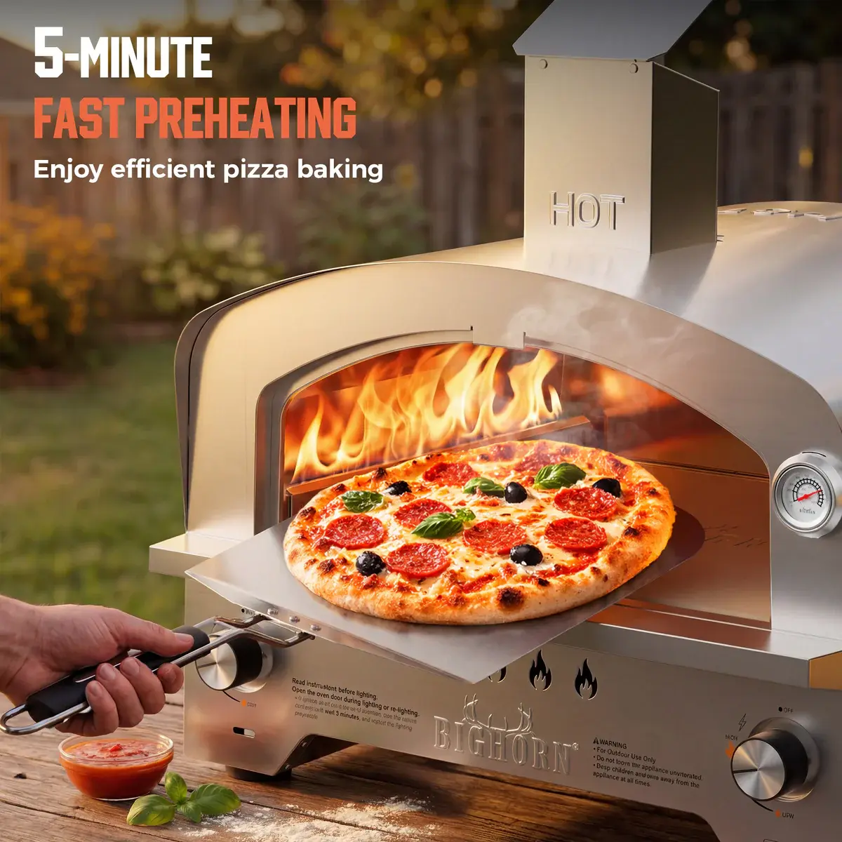 Big Horn Outdoors 15'' Pizza Oven, Reaches 750°F, Portable Propane Gas Pizza Ovens with Pizza Stone and Gas Hose, Built-in Thermometer and Ignition, Quick Heat‑Up Stainless Steel Pizza Maker for Indoor & Outdoor Cooking, Camping Backyard,Tailgating