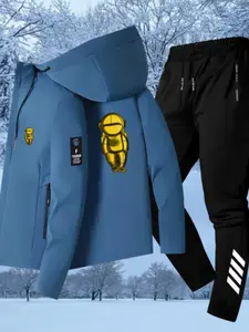 Men Women Spring Fall Jacket Hooded Zipper Astronaut Print, Fashion Versatile Top Coat Outerwear, Durable Anti-Wrinkle Sports Running Gym Casual Pants Set