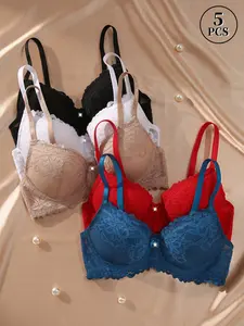 Women's Floral Lace Underwired Molded Bra with Bow and Adjustable-Straps, Comfortable Breathable Medium Push-Up Bra for Women, Lingerie for Daily Wear