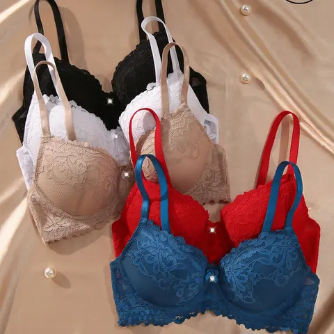 Women's Floral Lace Underwired Molded Bra with Bow and Adjustable-Straps, Comfortable Breathable Medium Push-Up Bra for Women, Lingerie for Daily Wear Lace Bras Bra Pack