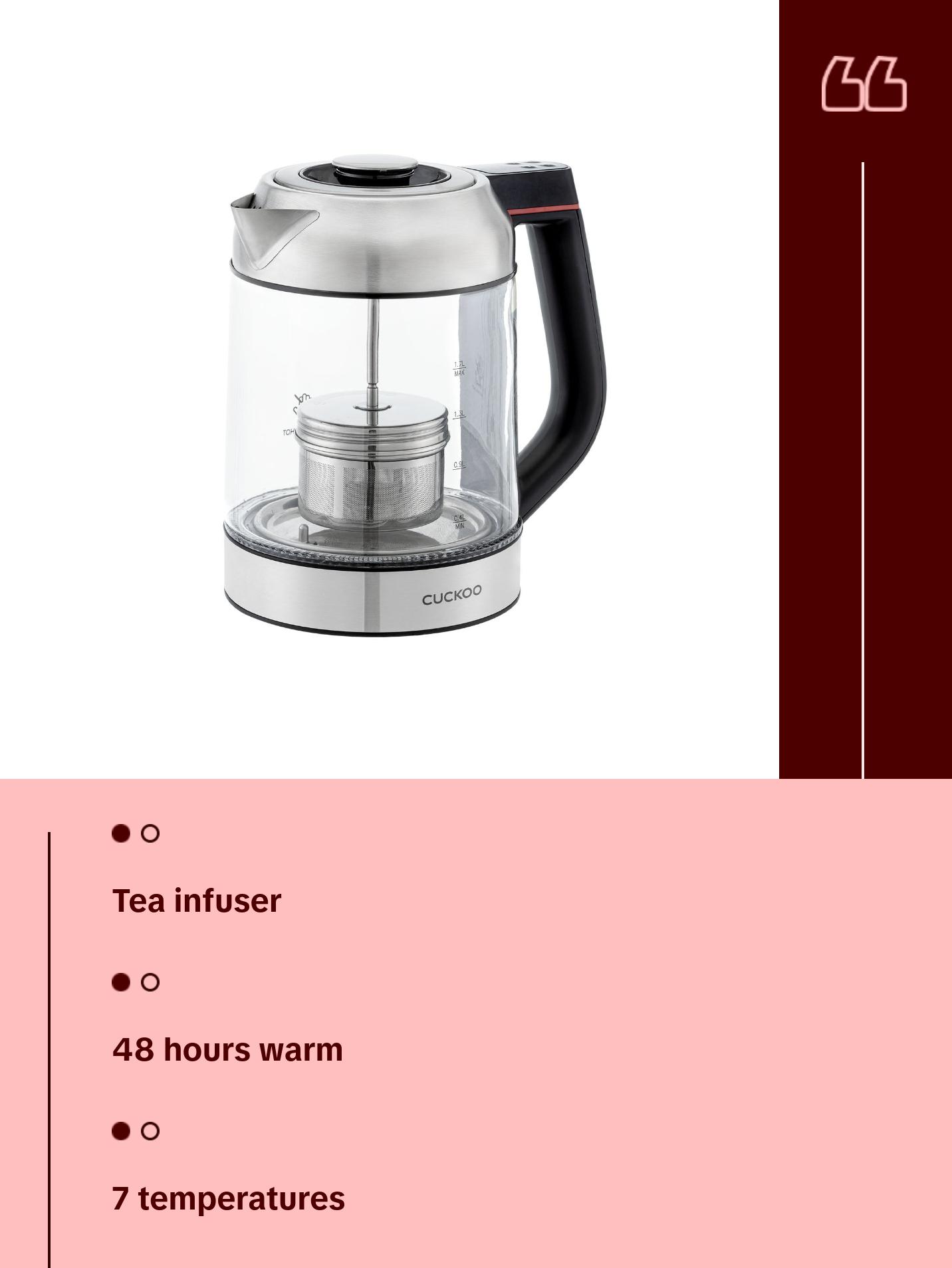 CUCKOO Electric Glass Kettle | Boil Water Fast, Stylish, Heat-Resistant Glass, Steel, with Tea Infuser Included (CK-G170BS)
