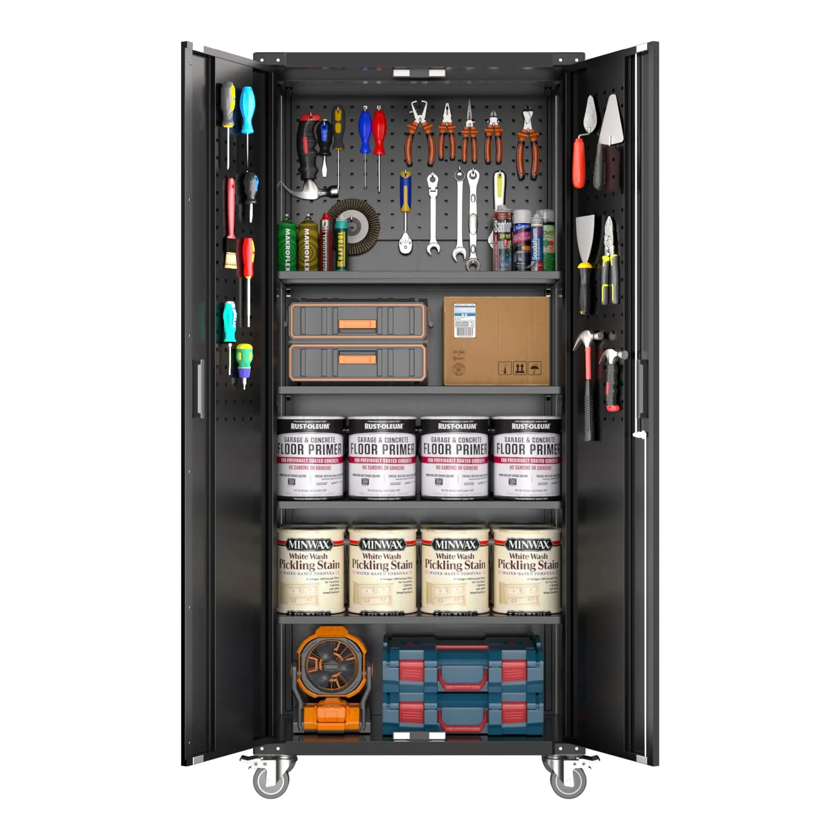 Garage Storage Cabinet – Features: 72" Tall, Locking Door, Wheels, Pegboard, Heavy-Duty Steel, 4 Adjustable Shelves – Ideal for Workshop, Home Office, Garage – Black