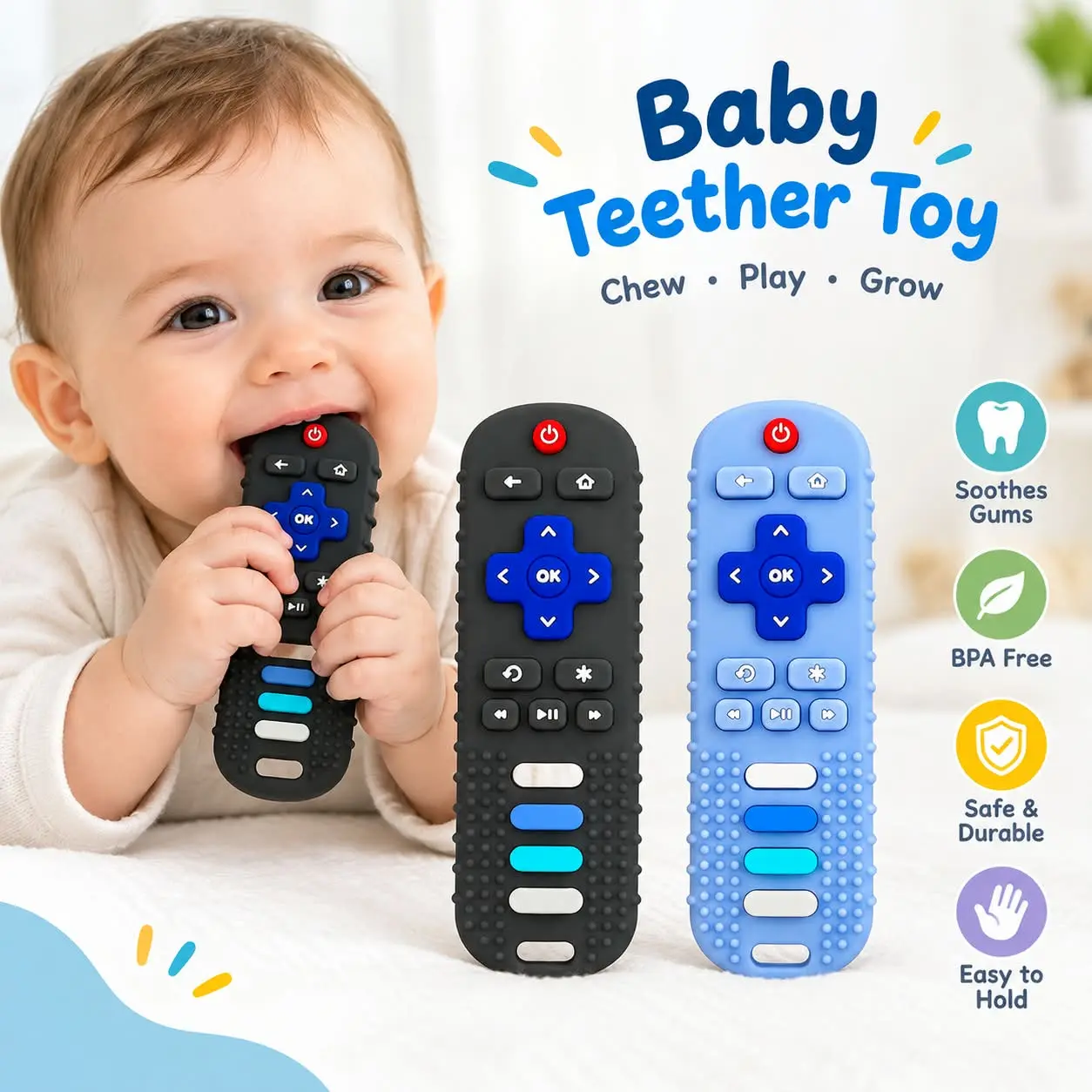 2-Pack Silicone Fire TV Remote Teethers, Sensory Teething Toys for 6-18 Months Infants & Toddlers, Black+Blue Teething Relief for Boys & Girls