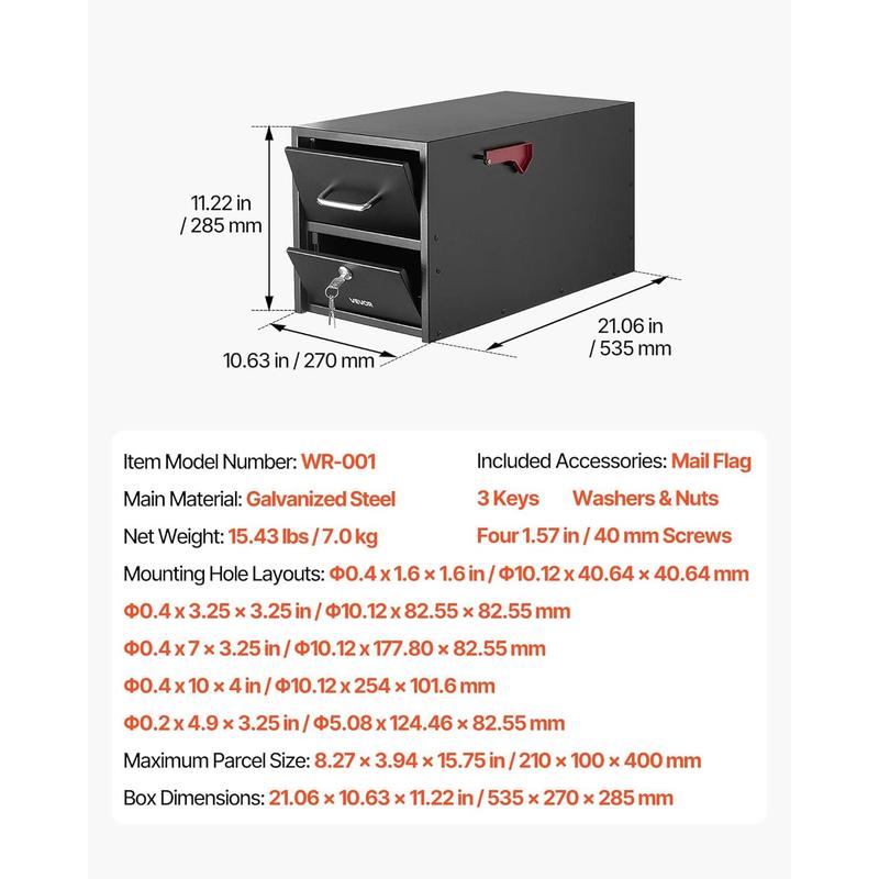 VEVOR Post Mount Mailbox, Anti-Pry & Anti-Theft Mailboxes for Outside, Heavy Duty Lockable Mail Box with Magnetic Door, Weather-Resistant Metal Post Box for House Outside 21.06 x 10.63 x 11.22 in