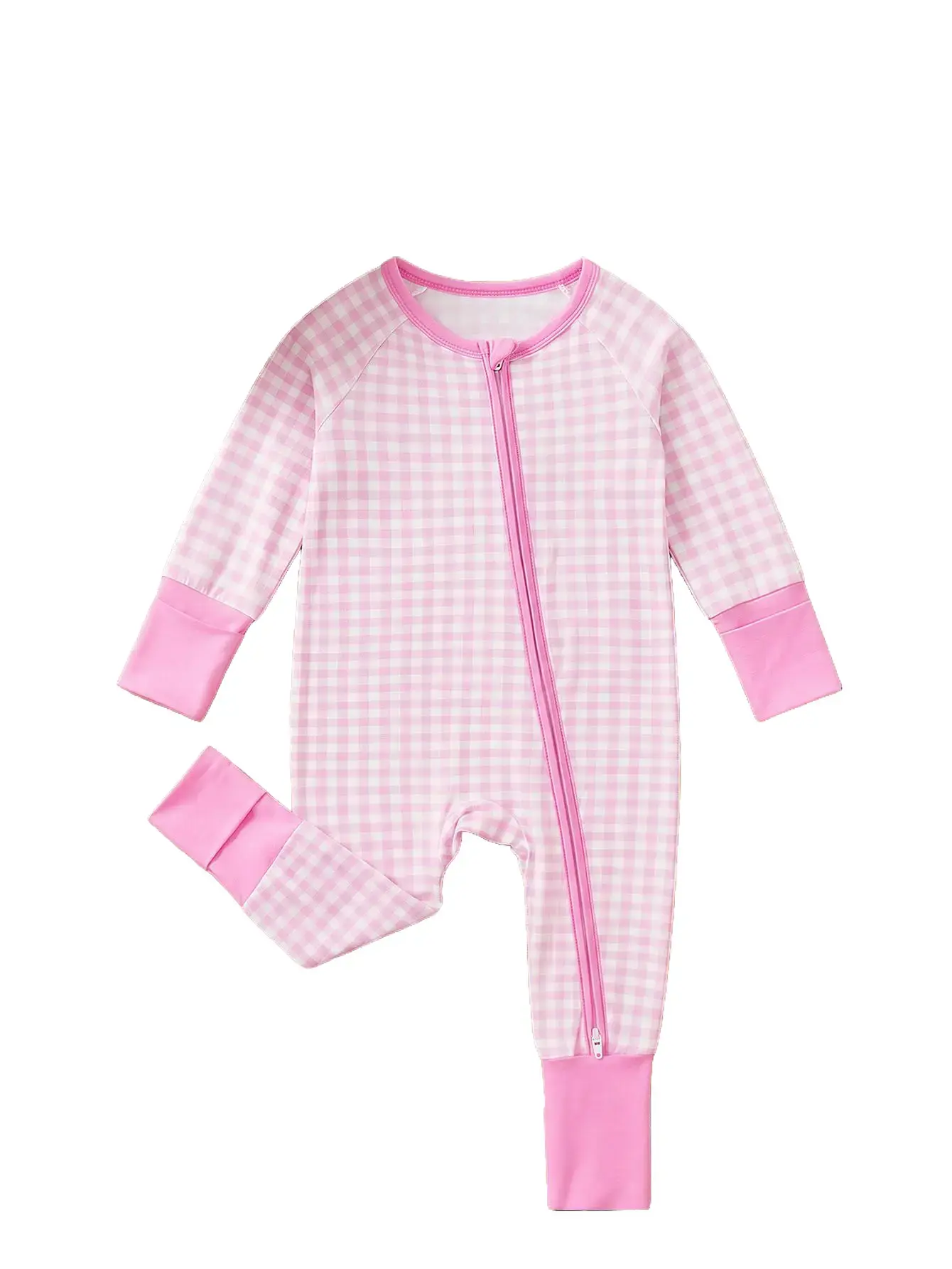 Mossriver Stretch Bamboo Blend Baby Girls' Long Sleeve Onesie - Pink Gingham Print, 2-Way Zipper, Foldable Cuffs, 0-3m/3-6m Sleepwear Indoor Jumpsuit, Ideal Gift Choice