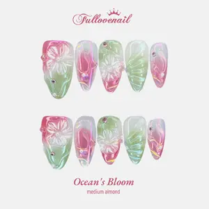 Fullovenail Almond Shape Pink and green Aurora 3D Flower Handmade Press on nail