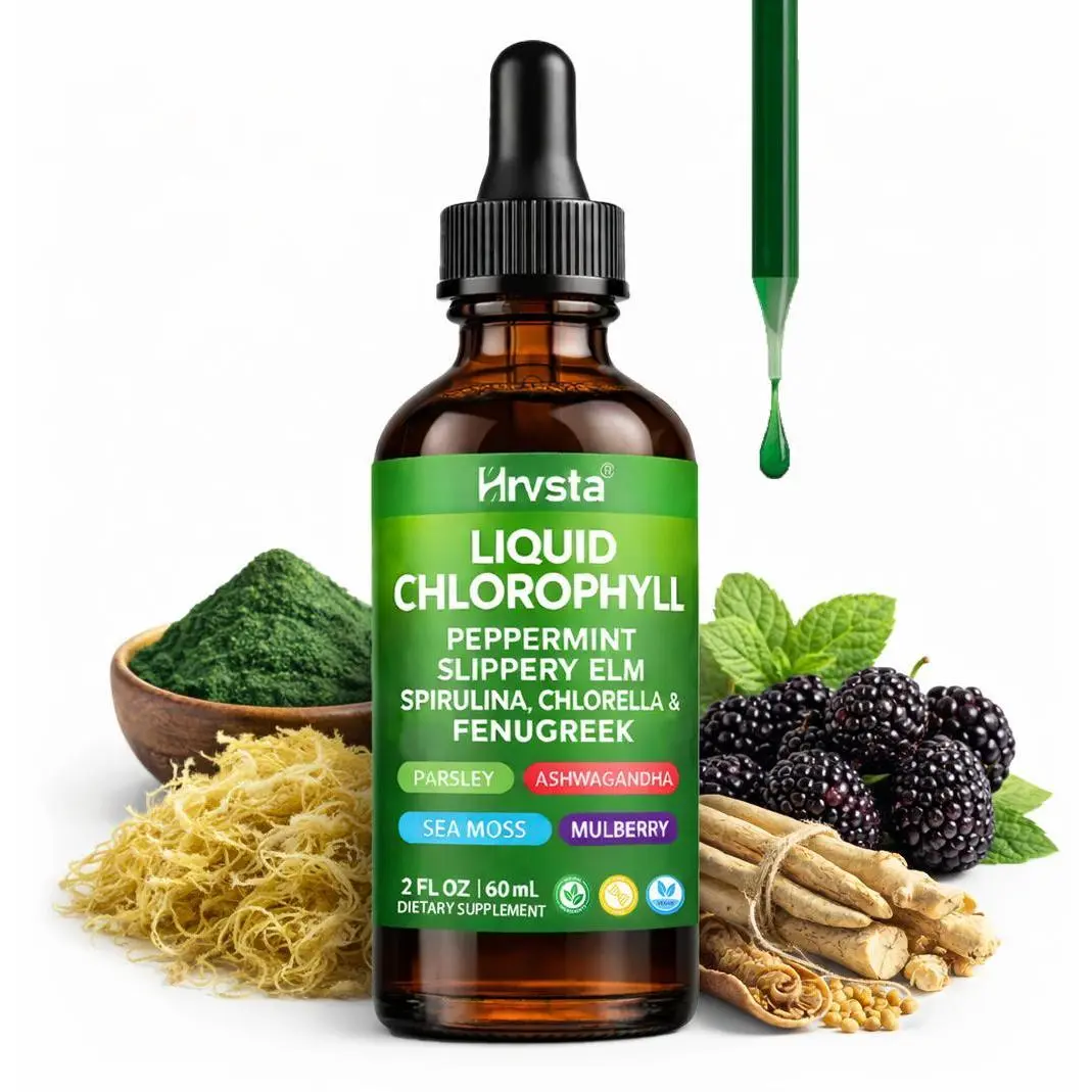 Dietary Liquid Chlorophyll Drops - Peppermint-Flavored Herbal Supplement with Spirulina, Chlorella, Fenugreek, Slippery Elm, Sea Moss, Ashwagandha - Detox & Internal Cleanse Support - 2 fl oz (60mL), Herbs
