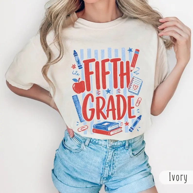 Comfort Colors Stripes Fifth Grade Comfort Colors Shirt, 5th Grade Tee, First Day Of School, Striped 5th Grade Teacher T-Shirt, Back To School Staff Shirt