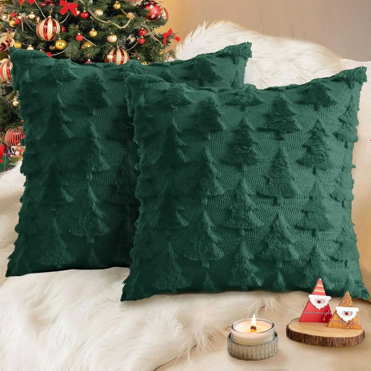 Soft Plush Fabric Pillow Covers, 2-Set 18x18in White Jacquard, Fade Resistant Machine Washable Christmas Winter Holiday Decor for Bedroom Sofa, Household Textile Cushion Accessories