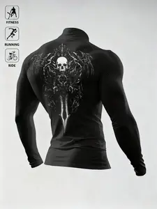 Men’s high-elasticity, tailored sports top, Athletic shirt, with a dark, skull-and-crossbones print design, snug fit, long sleeves for fitness activities. European and American style, wind-resistant, breathable, compression sportswear suitable for va