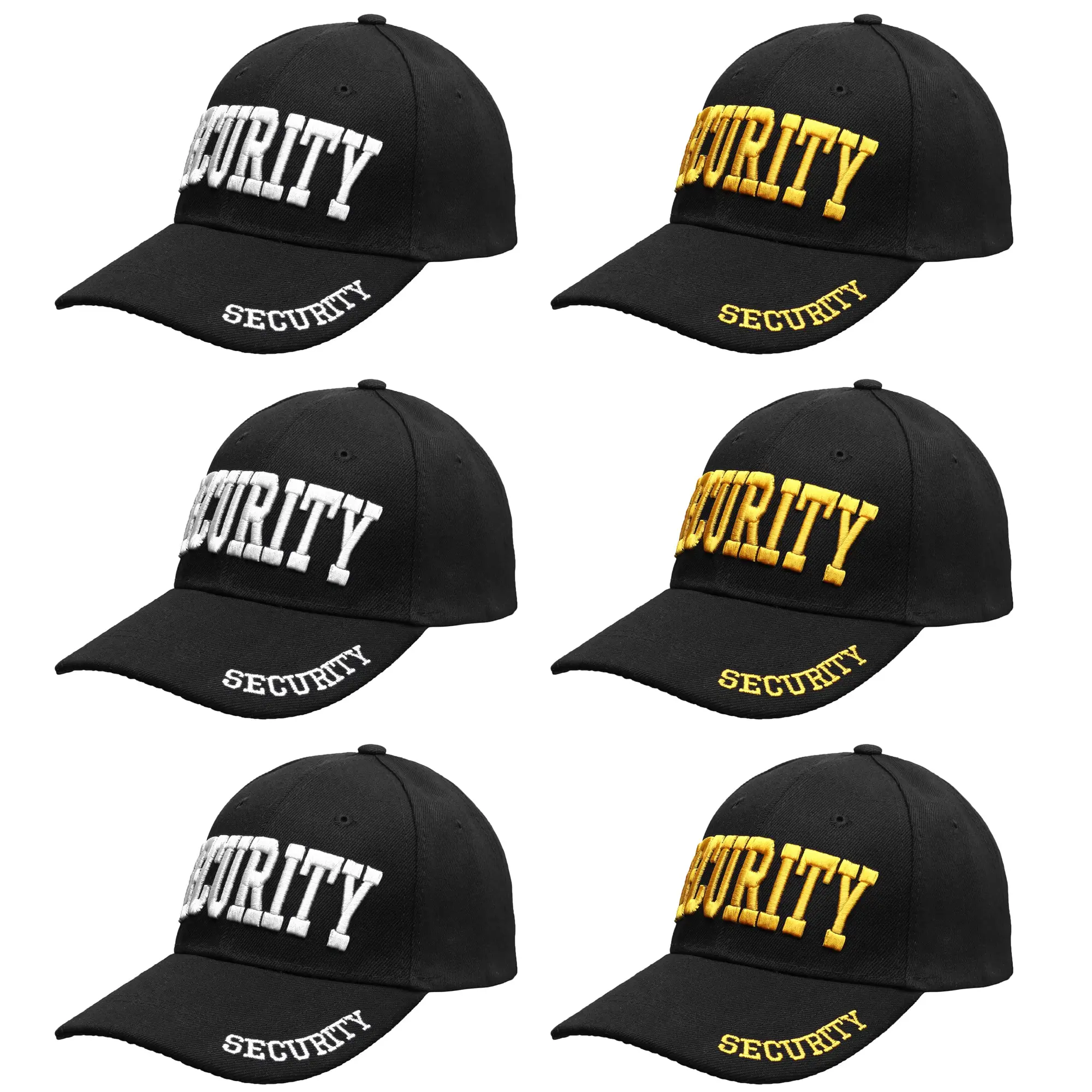 3-pack Security Hat Baseball Cap, Gold or White Embroidery Security Front, Bill & Back, Adjustable Size