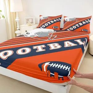 Football Fitted Sheet Football Sports Seasonal Bedding Set,3D Ball Game Bed Sheets Easter Gifts for Kids Adults Orange and Navy Blue Bed Set