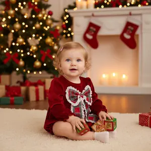 Baby Girl Christmas Outfit Infant Fall Winter Clothes Velvet Bow Smocked Bubble Romper Ruffle Onesie Bodysuit 0-3 3-6 6-12 12-18 Months Cute