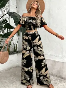 Two-piece set of women's black palm leaf print off-the-shoulder short top + wide-leg pants, light holiday style two-piece set, suitable for tropical vacation, seaside wear, light social afternoon tea, casual street wear