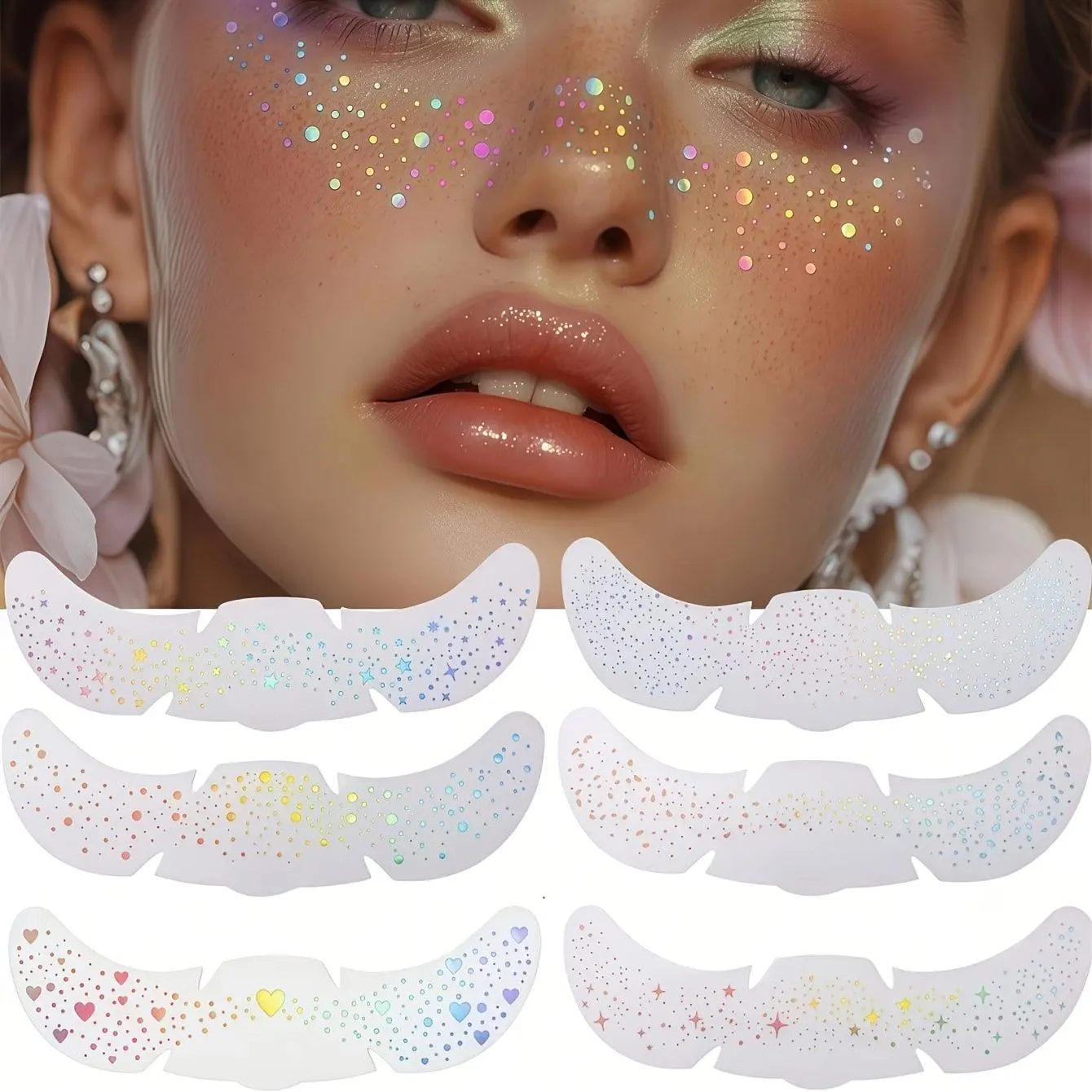 6 Sheets Glitter Freckle Tattoos, Holographic Heart & Star Freckle Stickers, Waterproof Temporary Tattoos, Glitter Face Tattoos, Glitter Freckles Face Tattoo, Perfect for Halloween, Christmas, Wedding & Party Makeup, Sparkly Freckle Spots for Party Looks