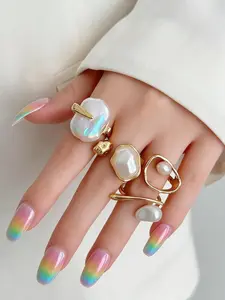 Boho Geometric Imitation Pearl Ring Set, Fashion Rings, 4 Pcs Fashion Jewelry for Women, Elegant Daily Party Accessories, Versatile Gift Idea