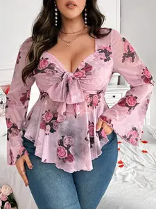 Franclia Plus Size Women Floral Print Tied Front Long Sleeve T-Shirt, Valentine's Day, Rose, Heart, Polka Dot, Love, Lip, Cupid Themed