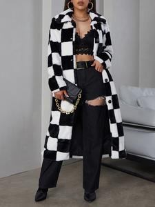 Women's Plaid Faux Fur Coat Long Sleeve Lapel Button Down Oversized Fuzzy Jacket for Winter Warmth & Streetwear Style Polyester Tops Casual Outerwear