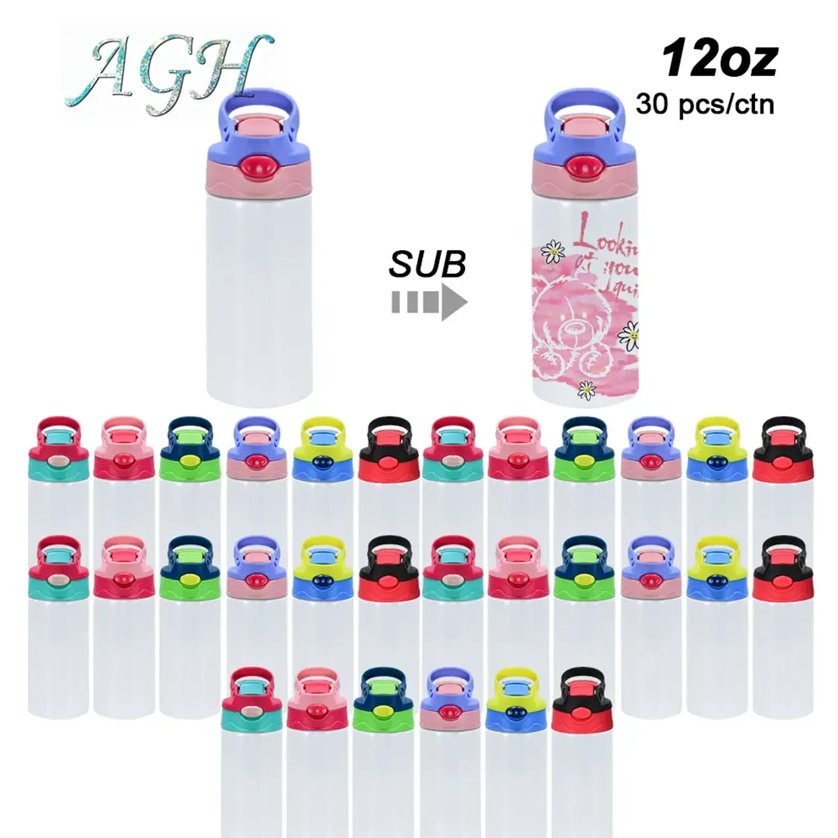 AGH 30pcs 12oz Kids Sublimation Blank Sports Water Bottles School Portable Vacuum Flasks with Bounce Sippy Lid DIY Personalize Gift for Children