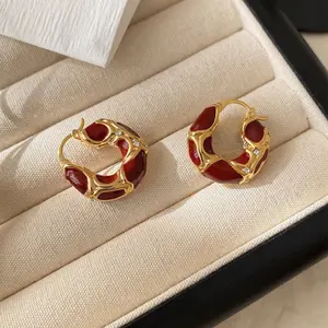 Vintage French Red Enamel Hoop Earrings for Women |   18K Gold Plated Light Luxury Jewelry |   Trendy Fall Winter Daily Wear Accessory