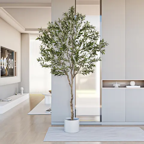 VITALISMO Fluffy 6-8ft Fake Potted Olive Tree with Branches, Leaves & Fruits - Decorative Accents Tree for House Decor, Toilet, Balcony (Home Decor Accessory, Artificial Plants)