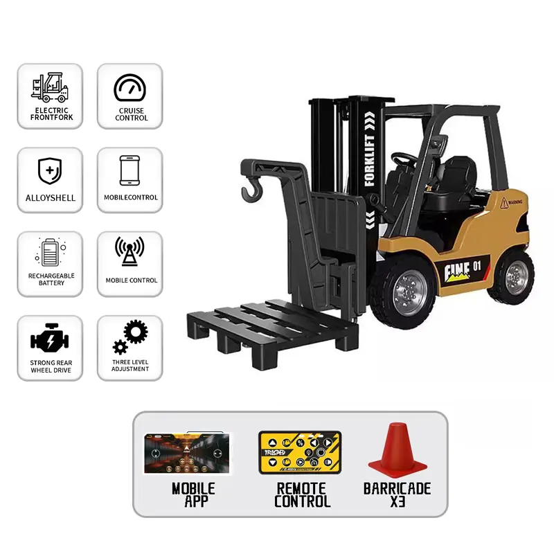 NEW 1/64 Alloy Mini Forklift Toy 11 Channel 2 Mode 2.4Ghz Remote Control USB-C Rechargeable with Lights and Sounds 3 in 1 Transformable Lift Fork & Hook RC Construction Vehicles for Adults Kids Boys & Girls Birthday Christmas Gift engineering vehicle set