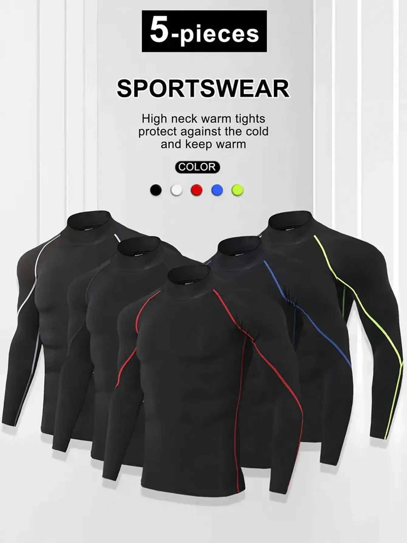 Men's 5-Piece Long-Sleeve Turtleneck Activewear, Moisture-Wicking Quick-Drying Compression Shirts for Gym and Running, Activewear Men's Sweatshirts, Athletic Men's Sweatshirts