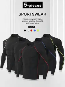 5-Piece Set of Men's Long-Sleeved Sports Shirts - Quick-Drying, Breathable and Elastic, Suitable for the Gym, Running and Training |   Turtleneck Design, Moisture-Wicking Fabric
