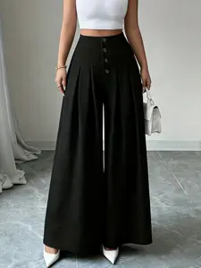 One pair of black buttoned pure color wide-leg trousers with a flared shape, suitable for commuting to work, going shopping, and outdoor activities both indoors and outdoors.