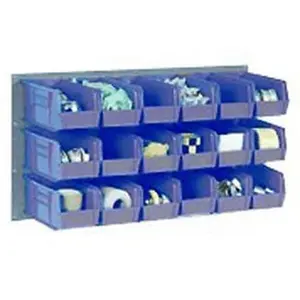 Global Industrial 550200BL Wall Bin Rack Panel - 4.125x7.5x3 in, Mountable, Gray, with 32 Blue Stacking Bins for Home Organisation, Mount, Organiser