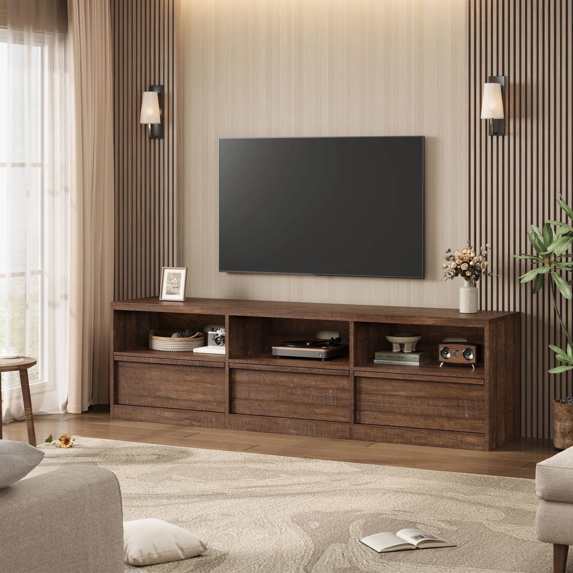 70 Inch TV Stand for TVs up to 85 Inch, Mid Century Modern Entertainment Center with Storage Drawer and Open Shelves, Heavy Duty Media Console for Living Room and Bedroom, Vintage, Tv Stand With Drawers, Modern Tv Stands