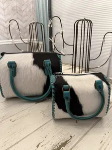 Black and White Cowhide Speedy Bag with Turquoise Color Genuine Leather Authentic Design