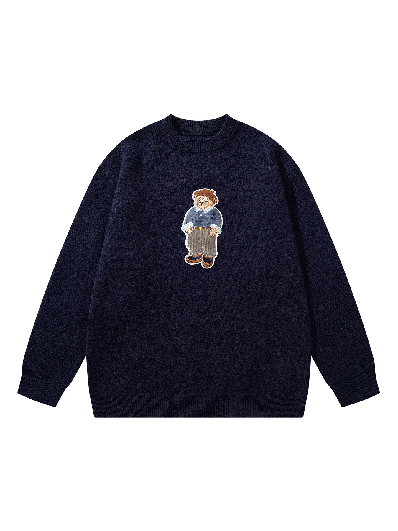 Unisex Cartoon Bear Print Crew Neck Sweater, Vintage Navy Blue Jumper, Casual Loose Long Sleeve Jumper for Fall & Winter, Fashion Mens' Knitwear for Daily Wear, Soft Casual Knitwear, graphic sweater top, Tops