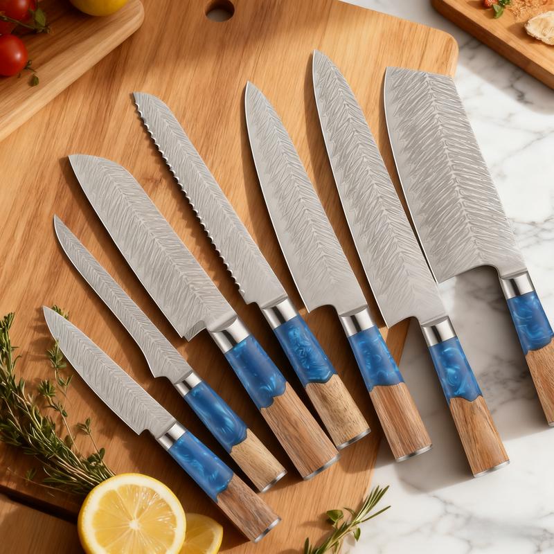 7-piece set - Blue Resin Damascus style Chef Knife Set - Professional grade knives, multifunctional knives, blue resin handle, high-end set, perfect for gift giving, one-stop solution for kitchen knife inconvenience, stunning appearance