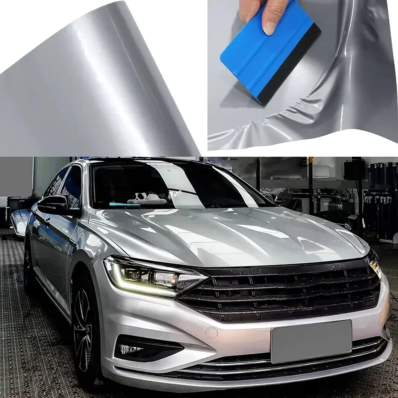 Ultra Glossy Silver Metallic Car Vinyl Wrap Film Wrapping Foil Self Adhesive Motor Auto Decal Vehicle Exterior Decoration For Cars Sticker Vinyl Decals Automotive Vinyl Decal Stickers For Cars With Air Release Bubble Free