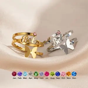 R1967 Customized Name Birthstone Ring 3- Layer Butterfly Stainless Steel Ring Creative Fashion Women's Holiday Gift