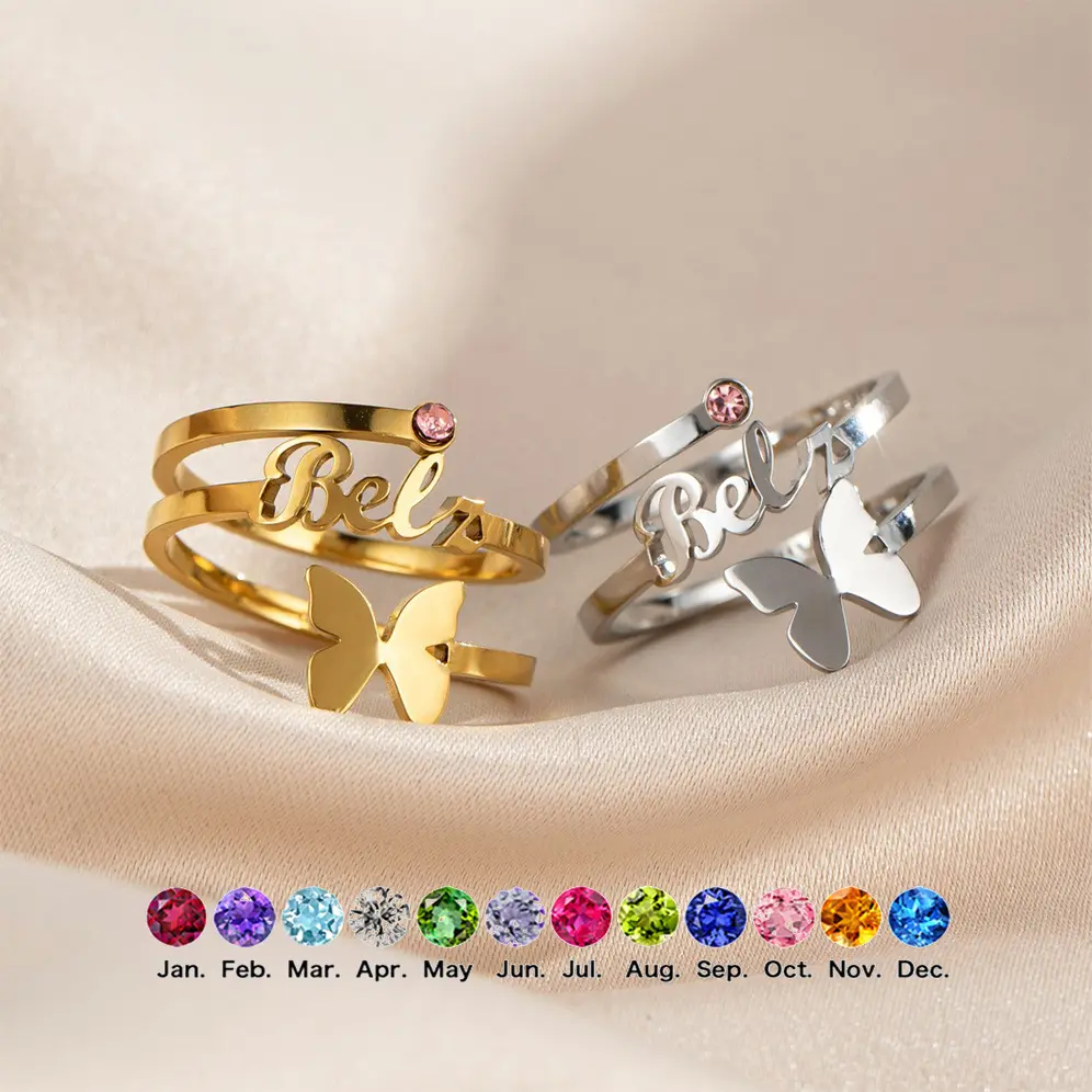 Women's R1967 Customizable Name Birthstone 3-Layer Butterfly Stainless Steel Ring with Metal Coating - Creative Fashion Accessory for Everyday, Holiday Gifting, Female, Daily
