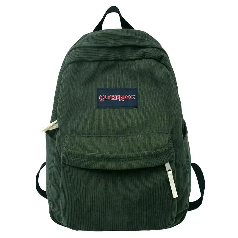 Retro Solid Green Corduroy Backpack - 31x14x41cm Large Female-Unisex Cool New Laptop Bag for Adults, College Student Travel BookBag with Fashion Design