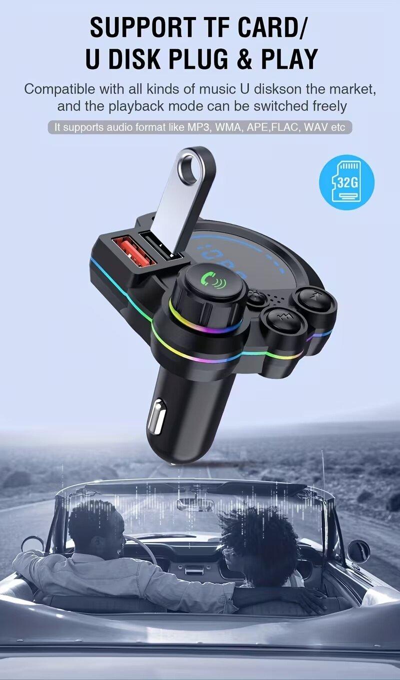 [Father’s Day Gift] PD 30W Type-C Car Charger & Bluetooth 5.3 FM Transmitter, Wireless MP3 Player with Dual USB Ports, Bass Sound Enhancer, RGB Glowing Radio Adapter, Hands-Free Calls, Car Accessories & Road Trip Essentials, Compatible with 12V-24V