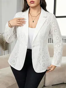 Women's Plus Size Embroidered Hollow Out Suit Jacket, Button Front Elegant Design, Long Sleeve Loose Fit, Casual, Lady Formal & Everyday Wear, Womenswear