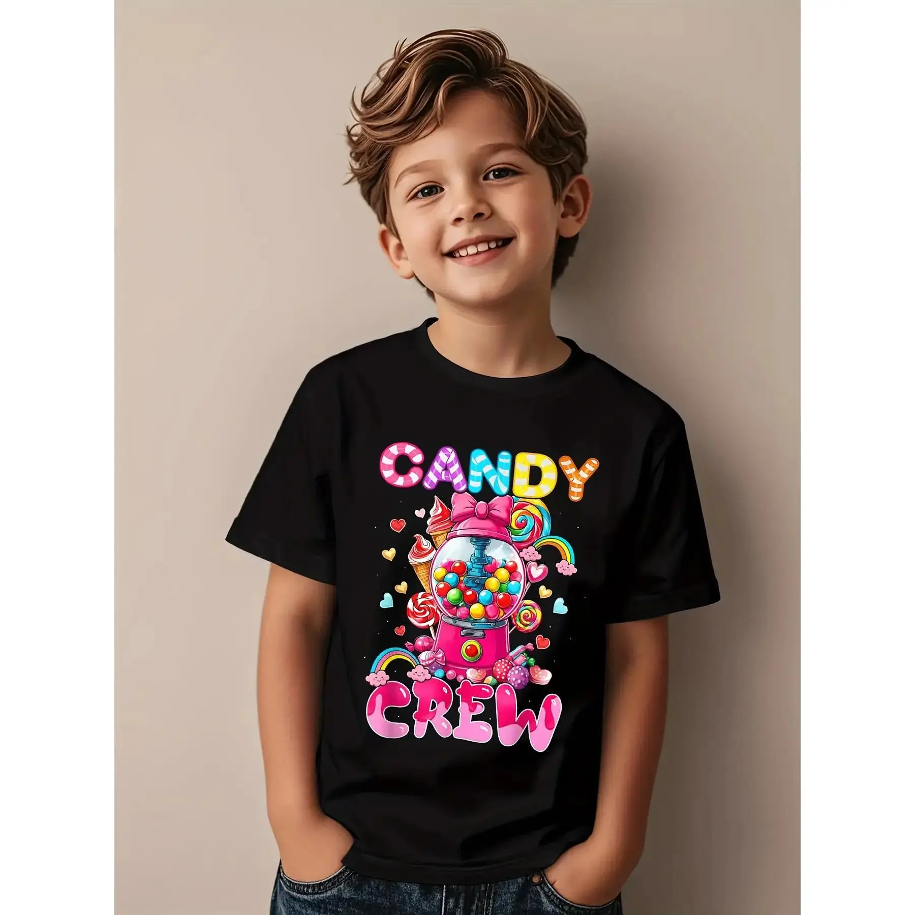 Boys' 100% Cotton Cartoon Candy Crew Graphic T-Shirt - Short Sleeve, Round Neck, Regular Length Summer Top with Lollipop & Gummy Bear Vibrant Print, Machine Washable, 3Y-13Y Sizing (Incl. 10-11 Years), Holiday Playwear, 11-12Y