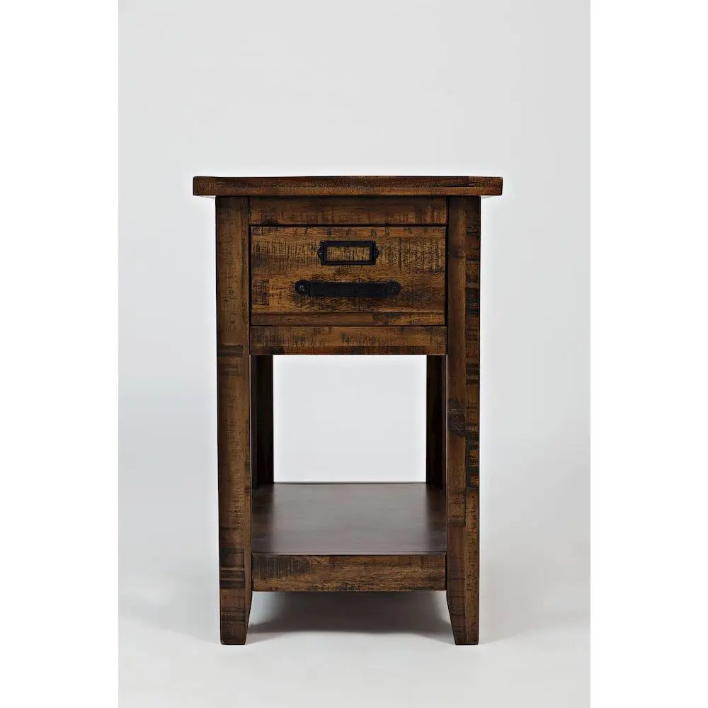 Cannon Valley Distressed Industrial Compact Rectangular 1-Drawer Wooden Chairside Table with Apothecary-Inspired Hardware, Flat Sides, for Living Room Furniture