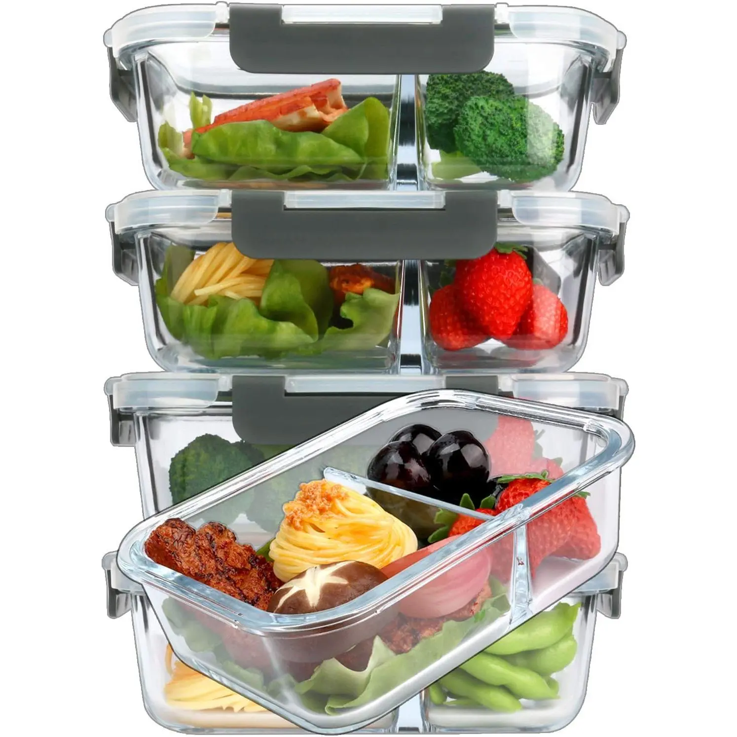 [5-Pack, 36 Oz] 2-Compartment Glass Meal Prep Containers with Upgraded Snap-Locking Lids, Portion Control Food Storage for Microwave, Oven, Freezer, Dishwasher (4.5 Cups)