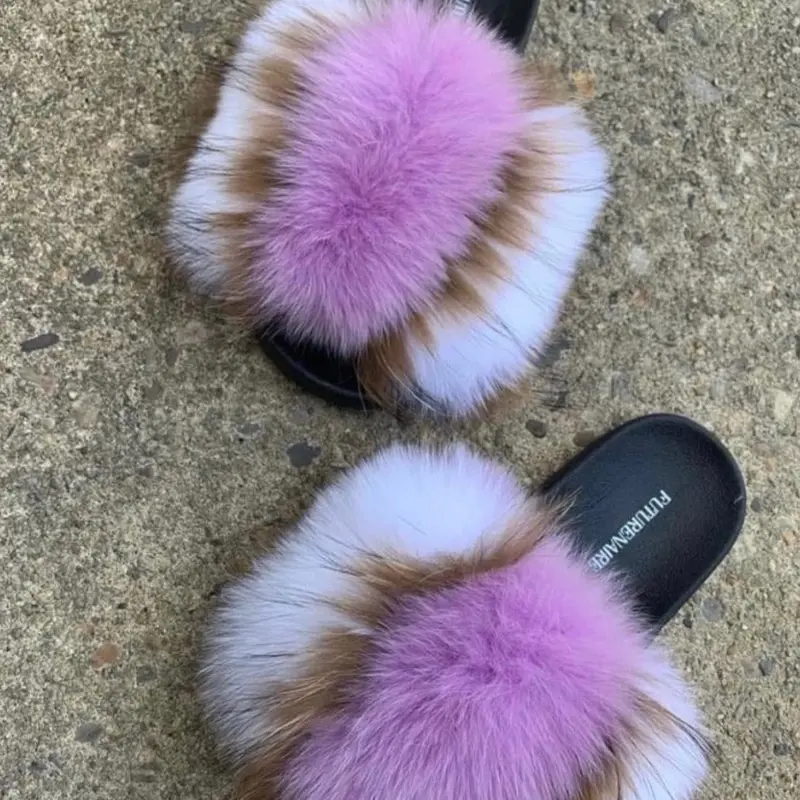 Purple Haze Colorful Fluffy Slides for Women & Girls - Indoor/Outdoor Comfortable & Stylish Open Toe Fur Slides with Soft Rubber Sole women sizes 9.5,10,11