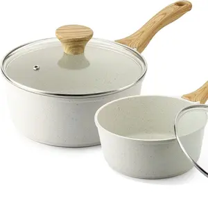 White ceramic non stick pot, small cooking pot with lid and cold insulation handle, induction compatible stew pot, white granite coating, free of PFOS/PFAS,