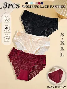 3Pcs/Set Women Anti-Roll Mid Waist Lace Triangle Panties Full Coverage Soft Solid Color Sexy Sheer For Maternity Postpartum Moms