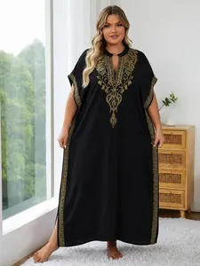 EDOLYNSA Women's Kaftan Maxi Dress with Hem Slit Loose caftan Embroidered Beach vacation Cover-up Gown Comfortable party house robe Homewear Q1545