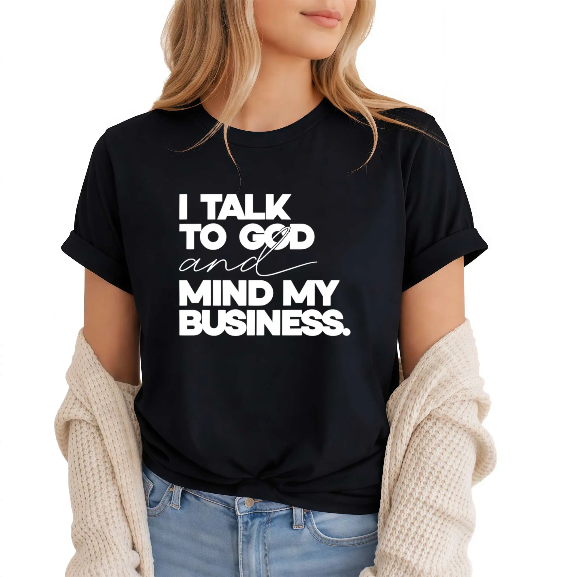 Women's Graphic T-Shirt, Soft Cotton Oversized Style with Round Neck, Casual Short Sleeve Streetwear with "Mind My Biz" Prayer First Vibe, Shortsleeve, Screen Print, Tshirt Fabric Top