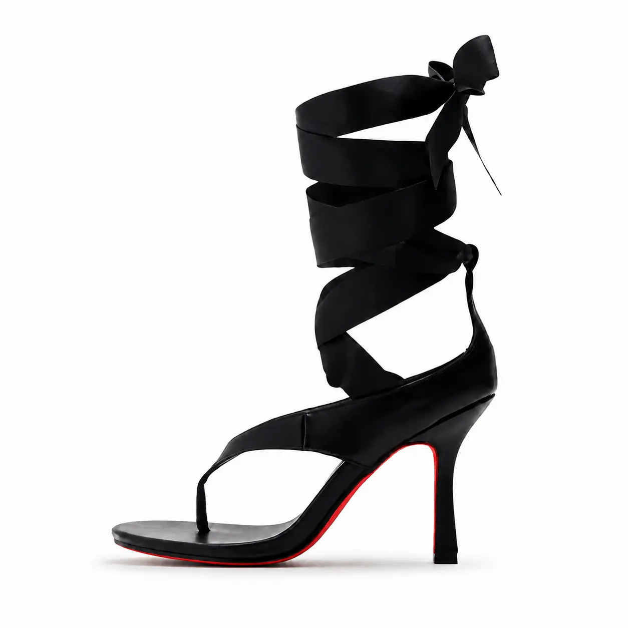 Women's Custom Open-Toe Stiletto Heel Sandals - Black PU, Lace-Up Leg-Wrap Ribbon Tie, Red Bottom, Thong Style, Decor-Enhanced Formal Evening Shoes for Prom, Wedding, Comfortable Heels for Women, Footwear